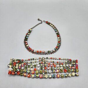 Rainbow Rhinestone Bracelet & Choker Aurora Borealis Silver Tone Brilliant Set